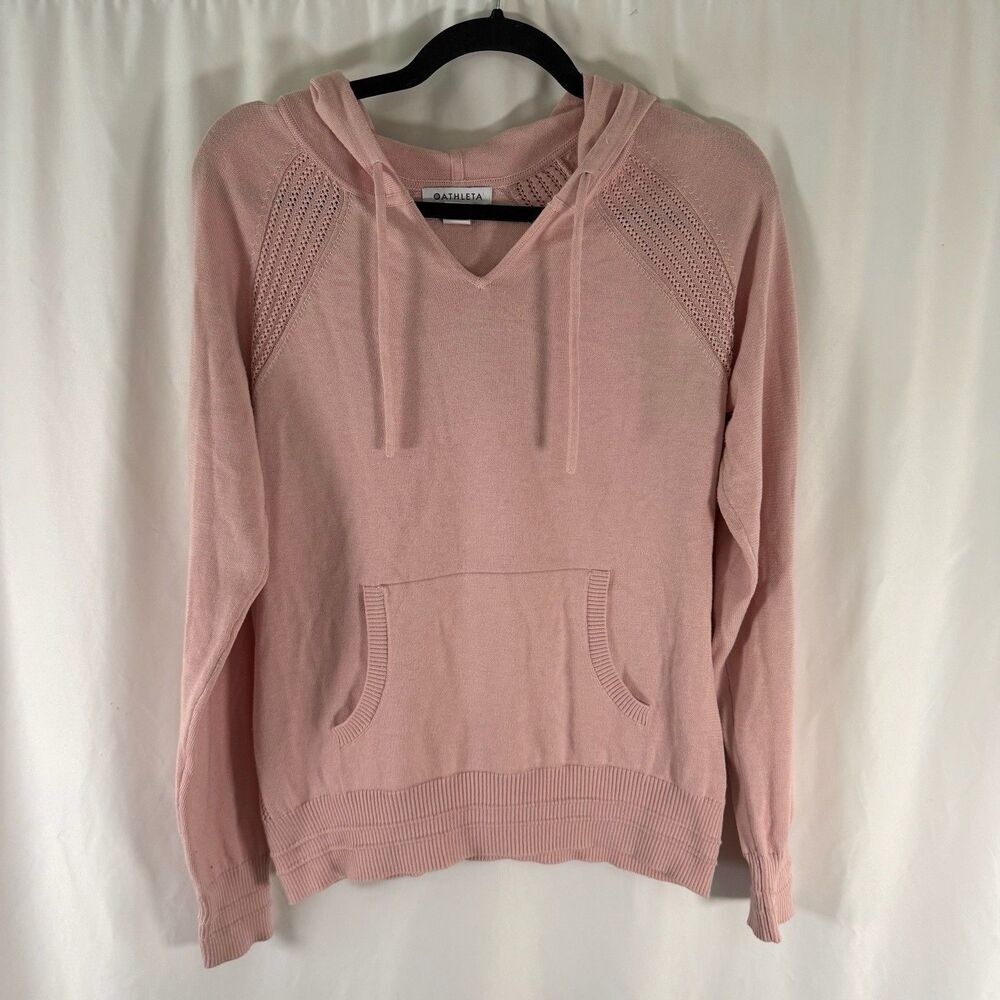 Athleta Sweatshirt Women's Small Pink Hooded Long Sleeve Knit Vneck Pullover